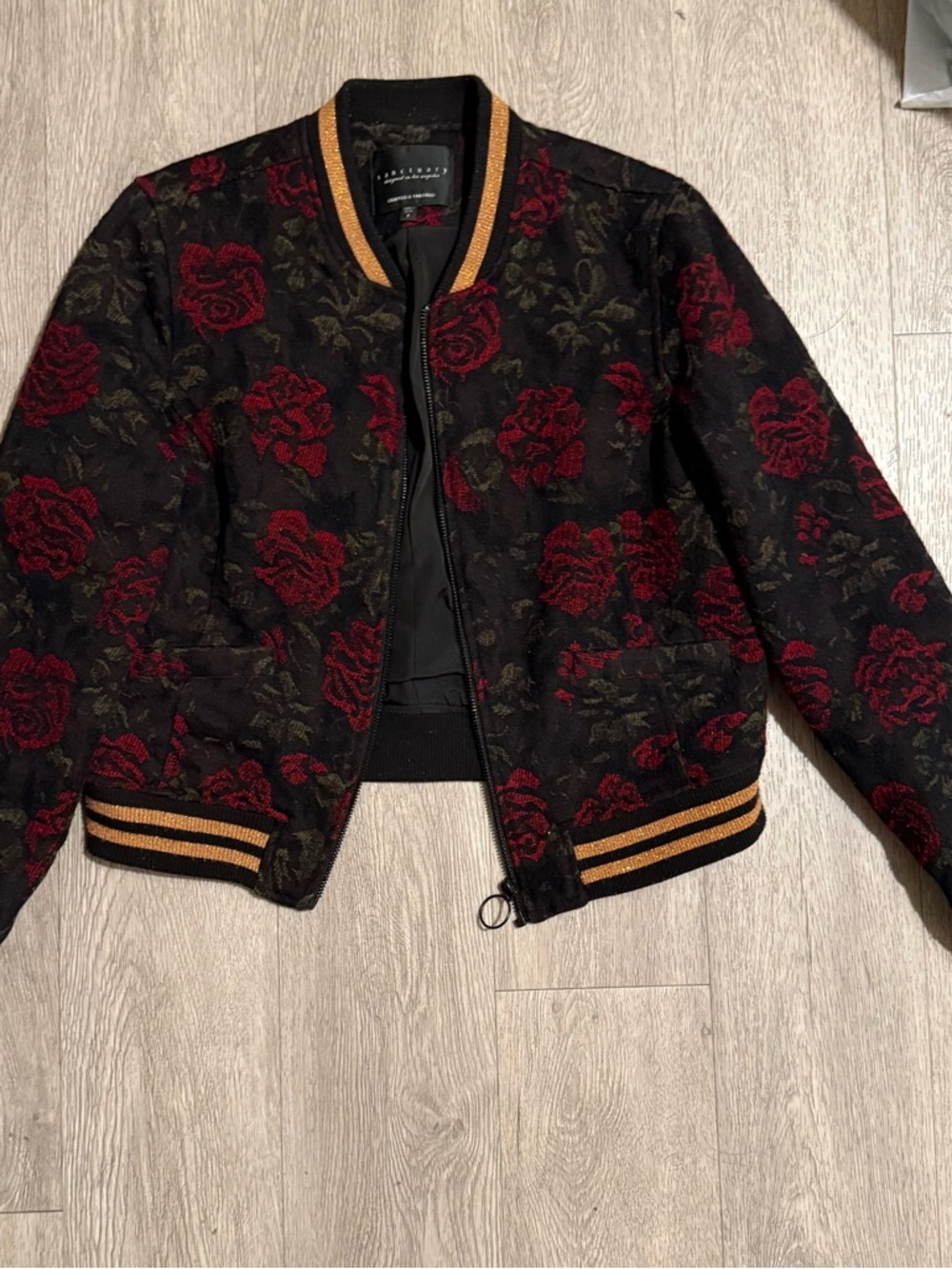 Sanctuary Black Bomber Jacket with Red Rose Jacquard
